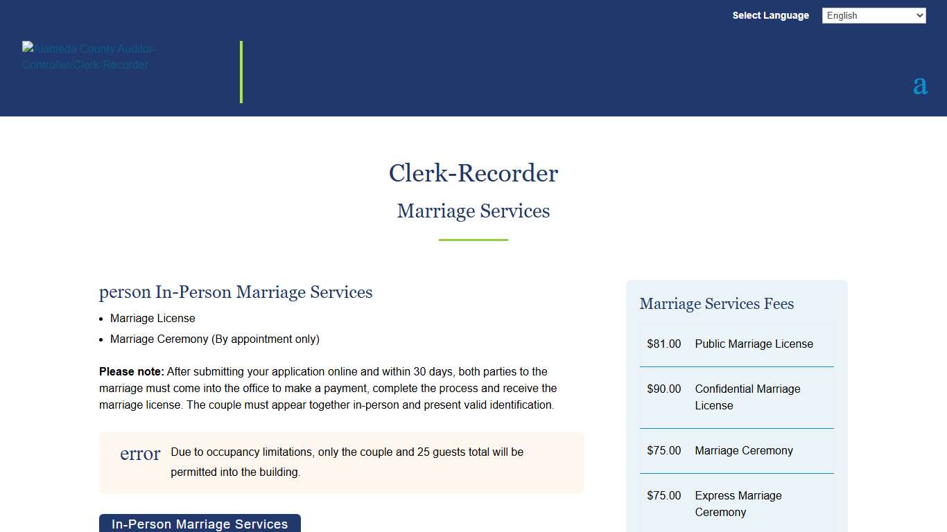 Marriage Services | Clerk-Recorder | Alameda County | Alameda County Auditor-Controller/Clerk-Recorder
